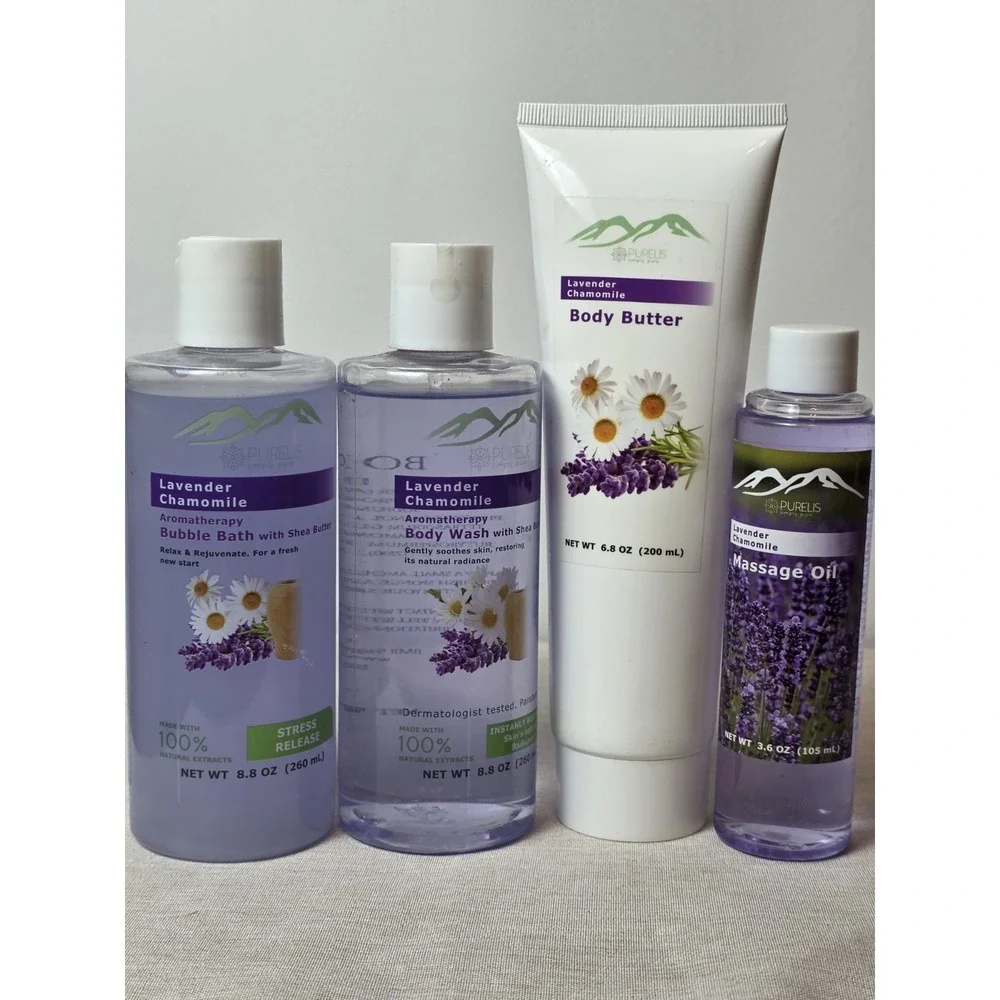Pureliss Lavender Chamomile Lotion, Body Wash‎ Massage Oil, Bubble Bath Gift Set